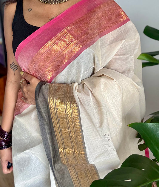 Ivory with pink and black ganga jamuna zari border kanchi cotton saree - YCCOTNCKSE22