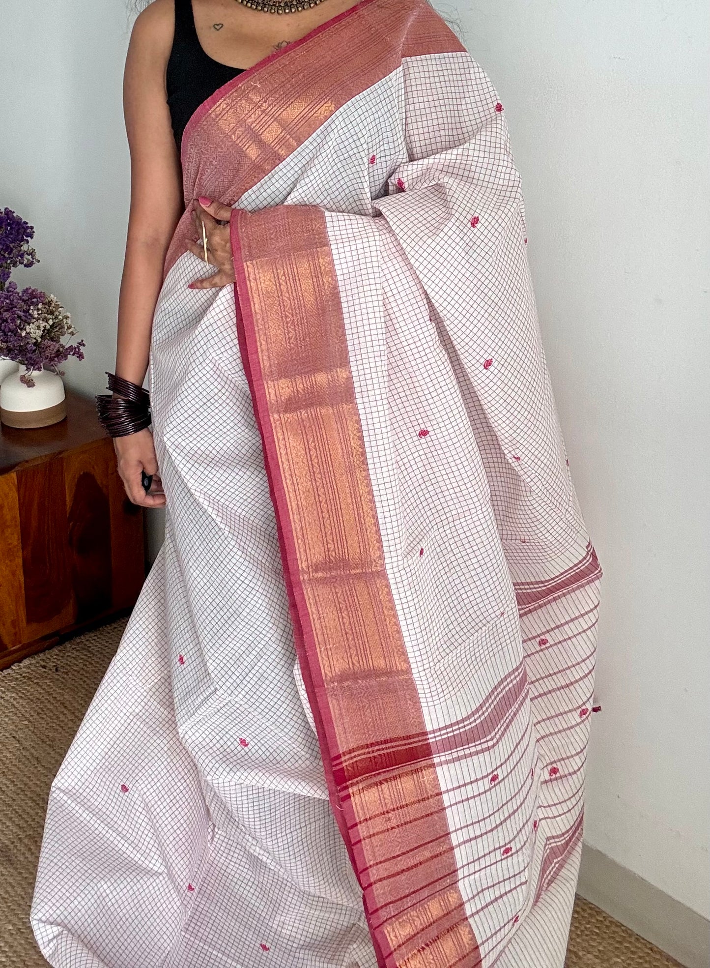 White and burnt red contrast, checkered Chettinad cotton saree - YCCOTNMA264