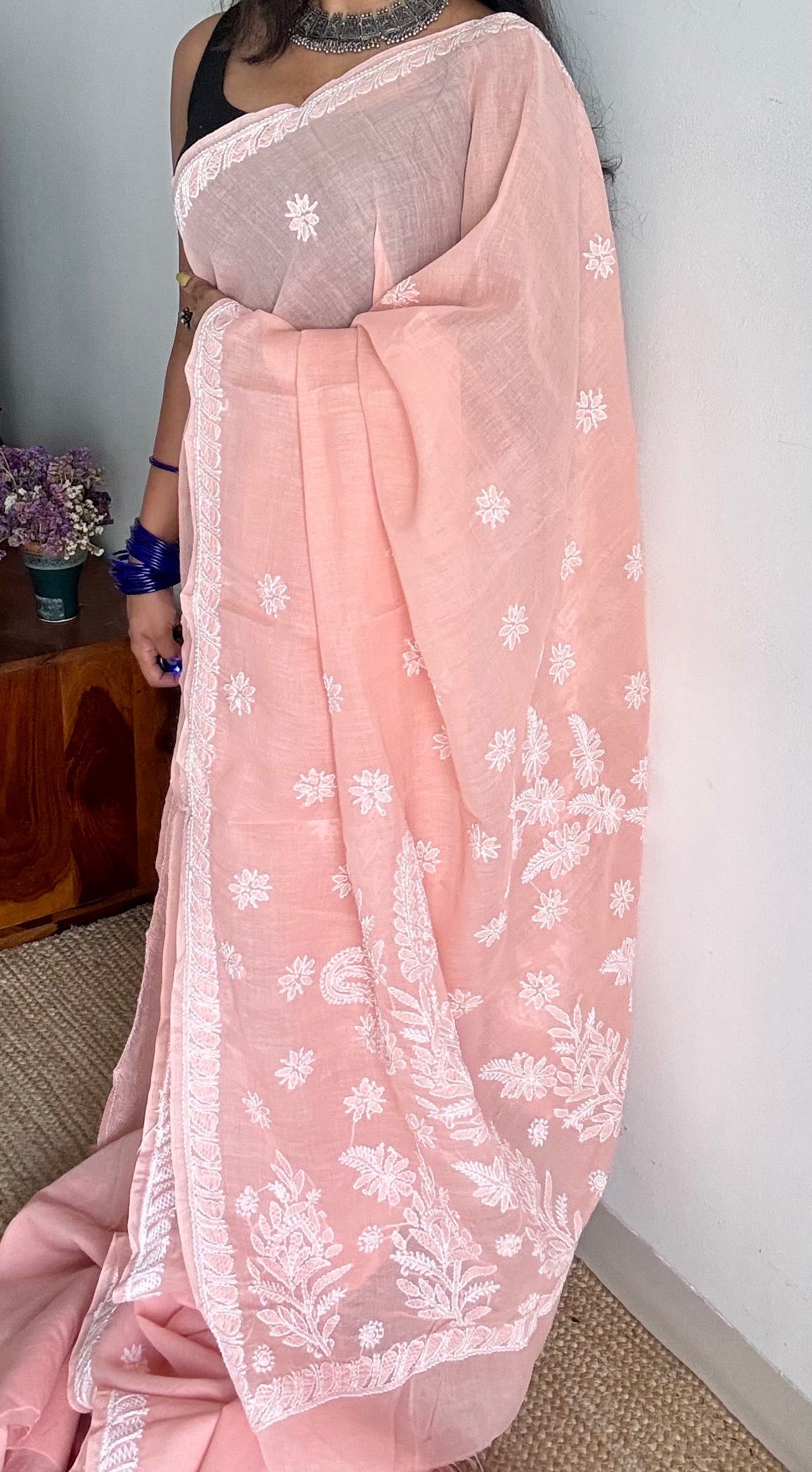Noor - light peach hand-embroidered chikankari cotton saree - YCLCKFE426