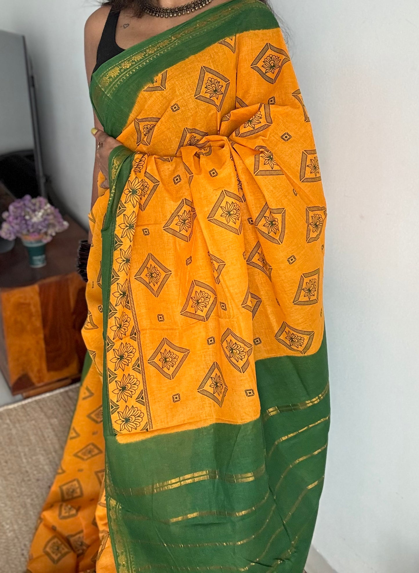 Yellow with green, motif printed, kattuchayam dyed madurai sungudi cotton saree - YCCOTNMSFE72