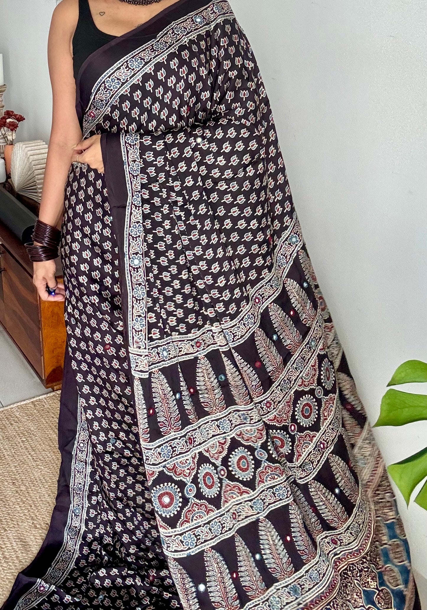 Black pure modal silk saree with ajrakh handblock print and mirror work - YCTOKAJM337