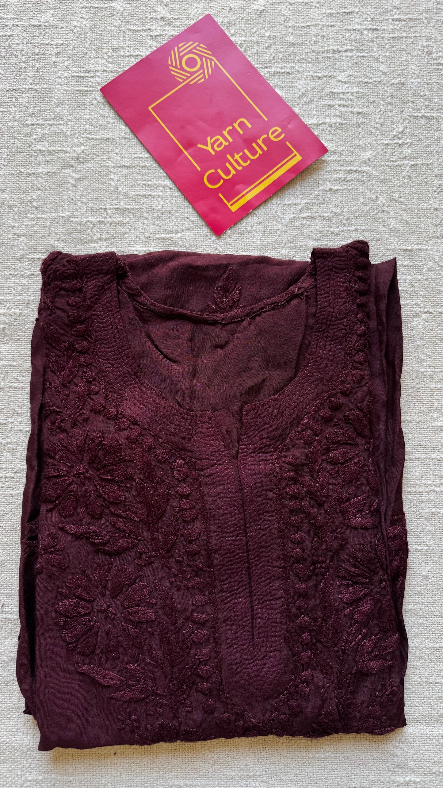 Wine muslin chikankari with ghas patti work, stitched kurta, round neck, three fourth sleeves - YCSECK41