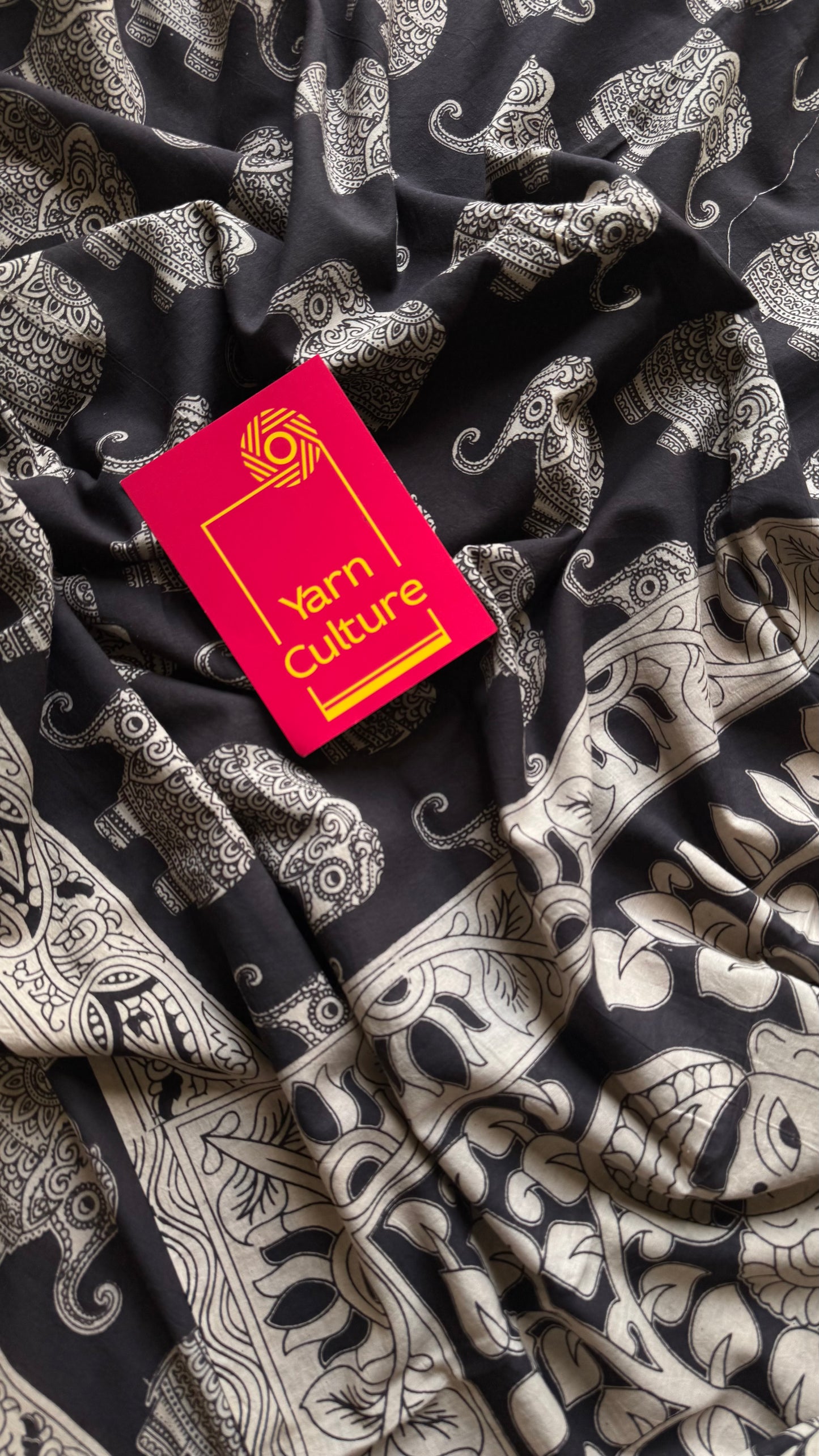 Black kalamkari saree, elephant motifs, soft cotton - YCWOTDMA349