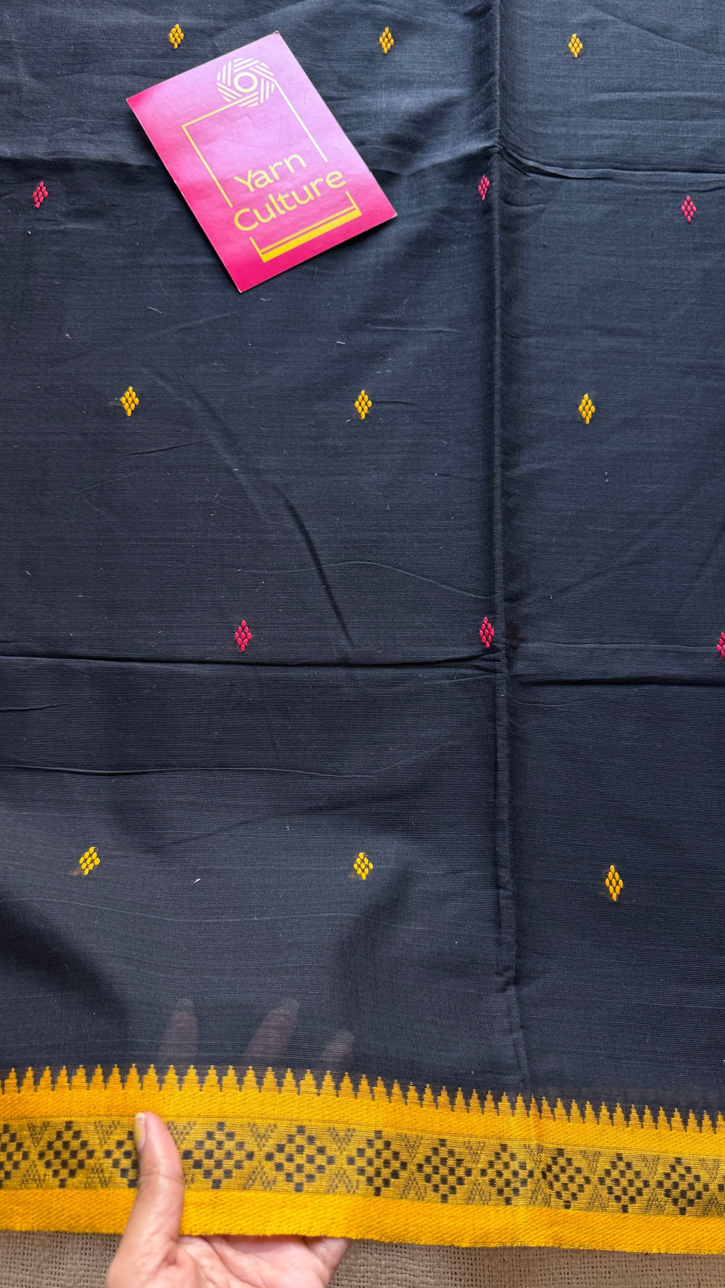 Dhonekhali handloom soft cotton saree, black with red and yellow woven buttas and border - YCBCDFE259