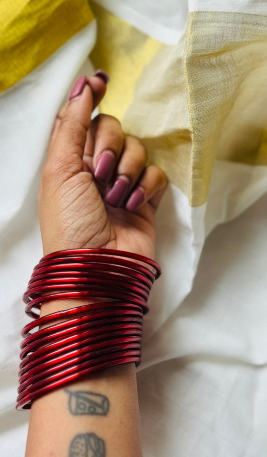 Maroon glossy glass bangles, set of 12 - YCBANGL838