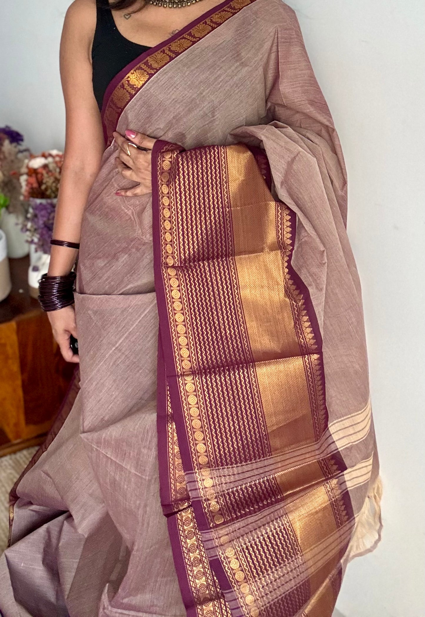 Kanchi cotton saree, beige brown with dark maroon zari border - YCCOTNAP88