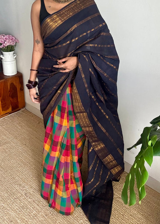 Black velthaari stripes with multicoloured madras checks, cotton half and half saree - YCCOTNIDOC167