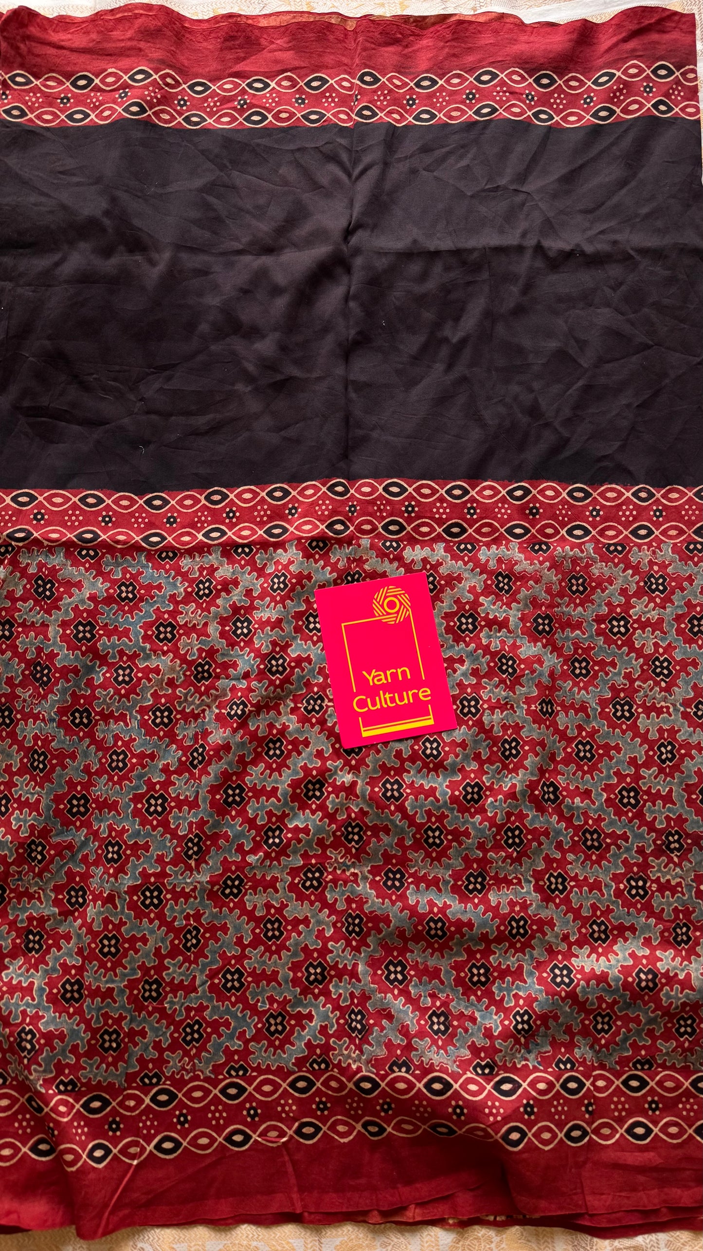Black and red chanderi saree with ajrakh handblock print - YCTOKAJC343