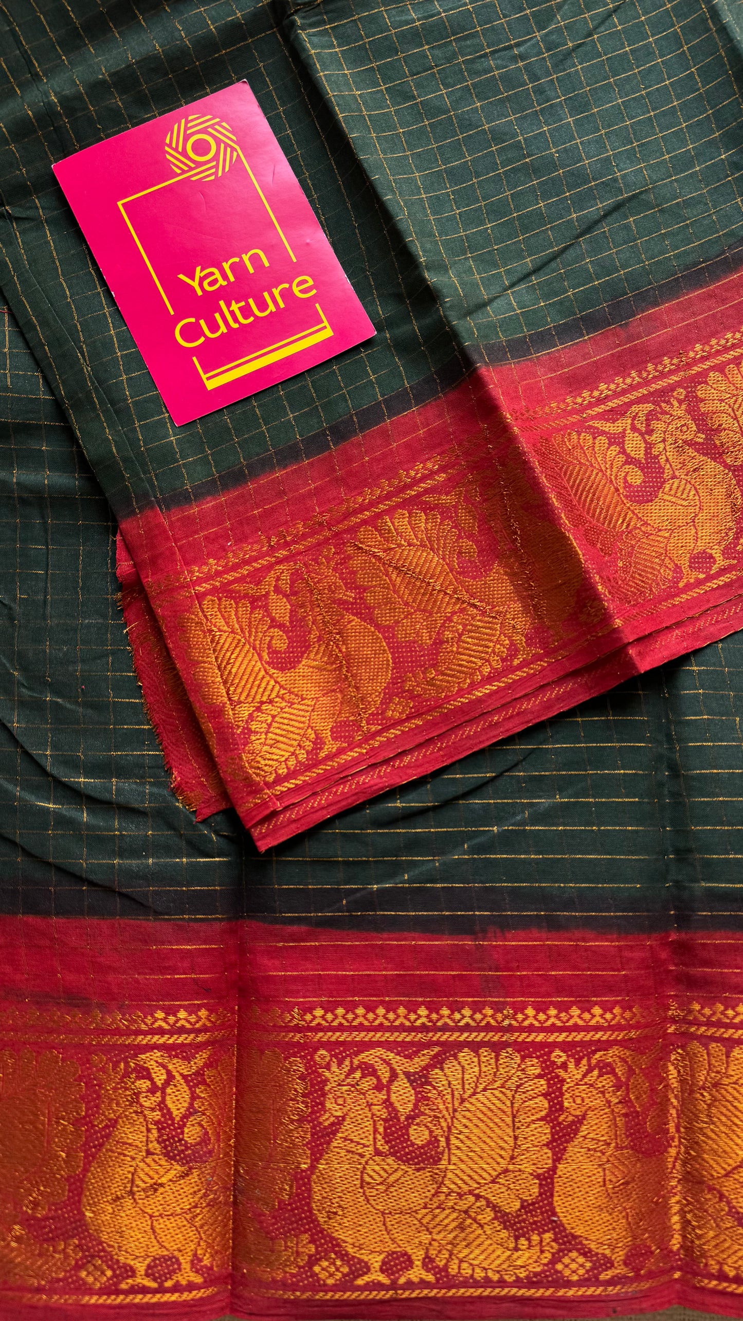 Dark green with red contrast, zari checkered sungudi, kattuchayam dyed madurai cotton - YCCOTNMSFE332