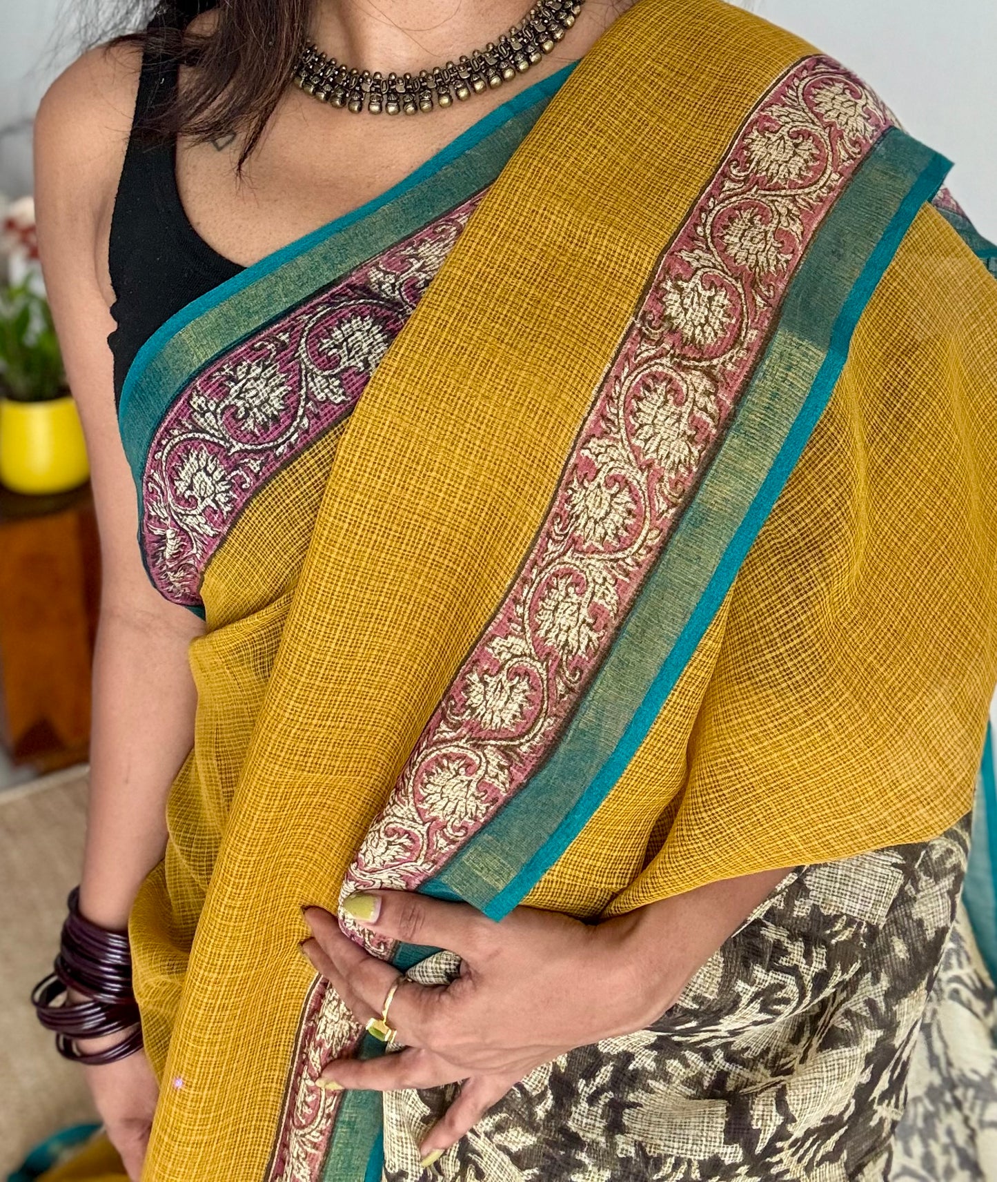 Haldi Pop - Mustard yellow kota doria saree, with gold zari border - YCTORKDAP07