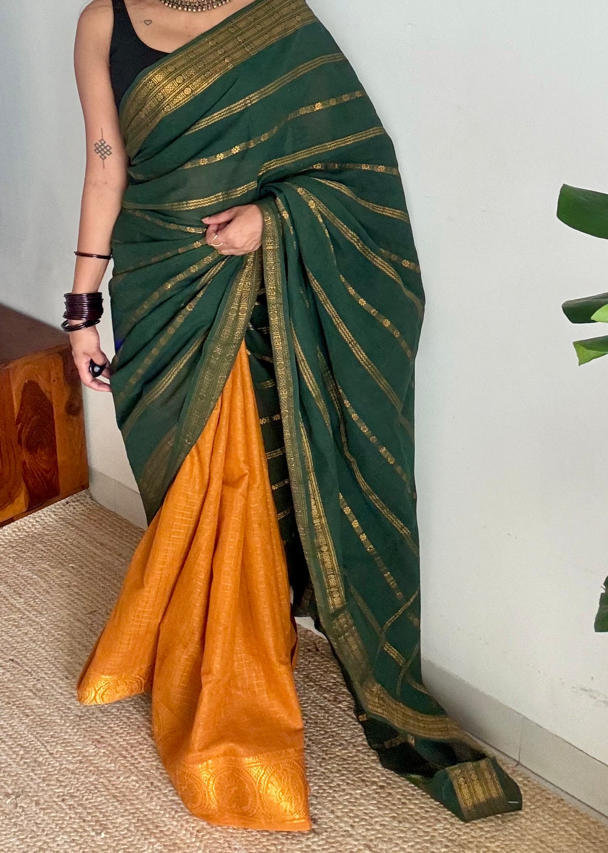 Dark green with yellow, sungudi cotton half-half saree - YCCOTNIDOC22