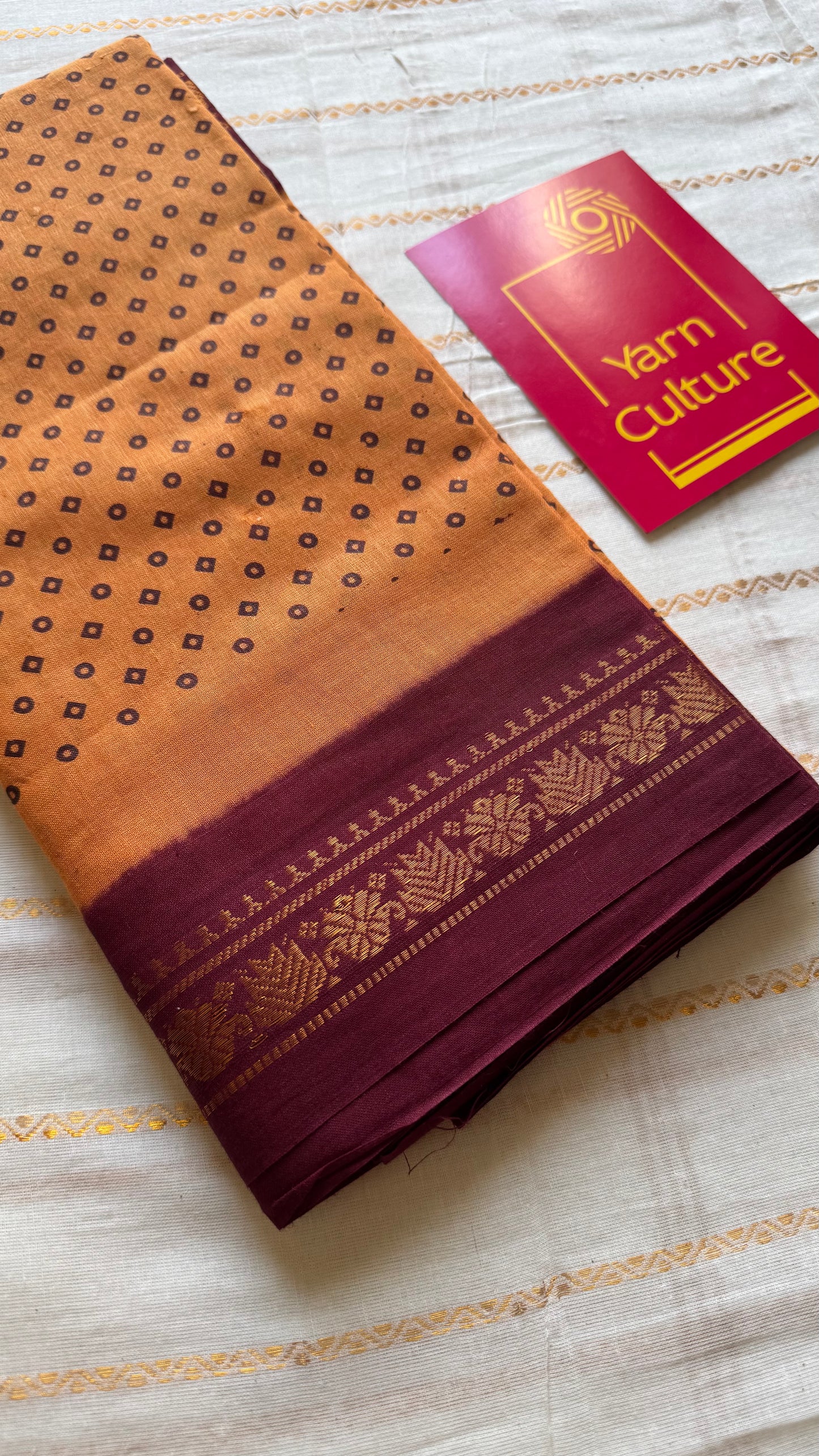 Light orange with maroon contrast, kattuchayam dyed madurai cotton saree - YCCOTNMA249
