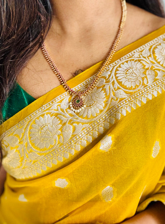 Long traditional kemp neckpiece with ruby & green stones, with earrings - YCGPNP678