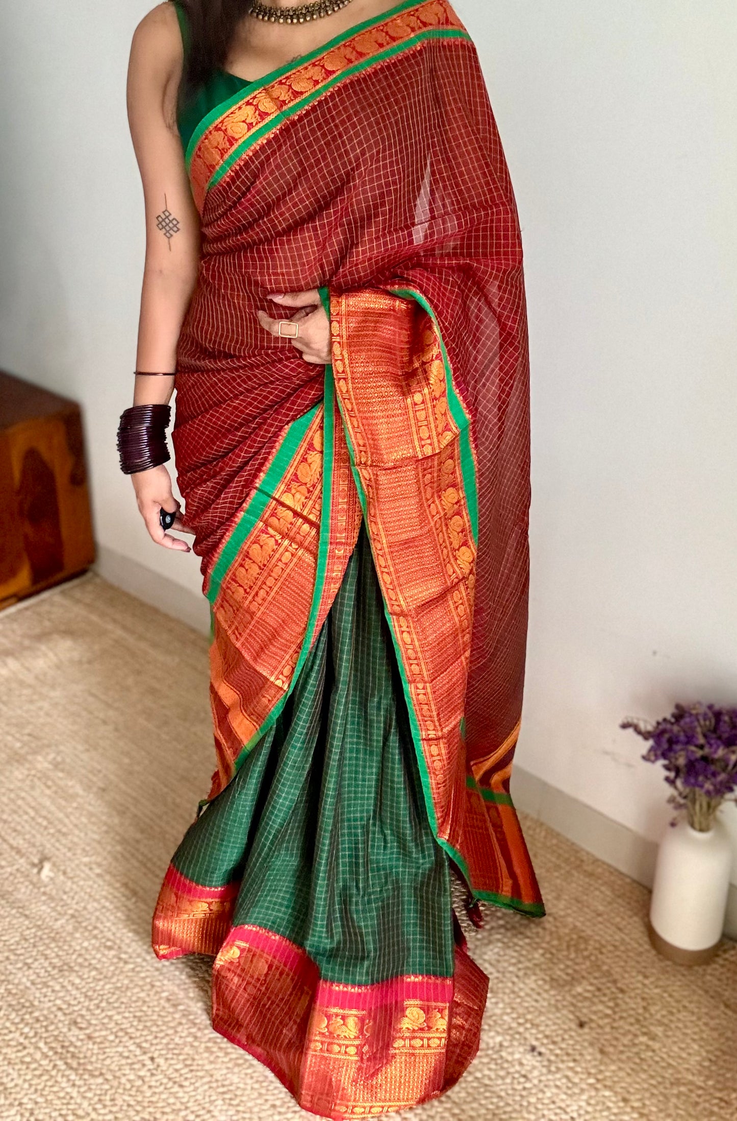Green - Maroon unstitched half saree material (dhavani), narayanpet cotton - YCIEHS218