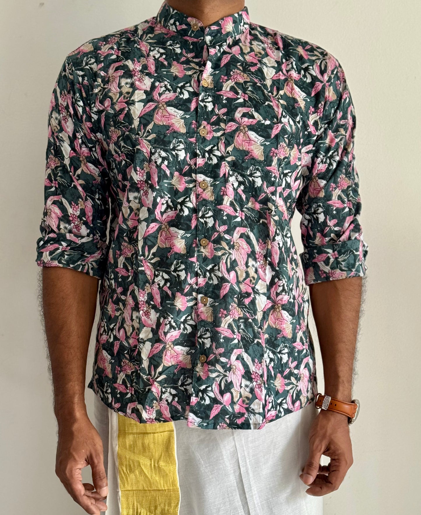Green & Pink Floral Block Printed Cotton Men's Mandarin Collar Kurta Shirt - YCMSEIE194