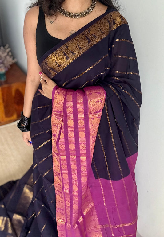 Dark blue with purple pink (vadamalli), peacock rudraksham motif, single side broad zari - madurai kattuchayam dyed - YCCOTNAURS18