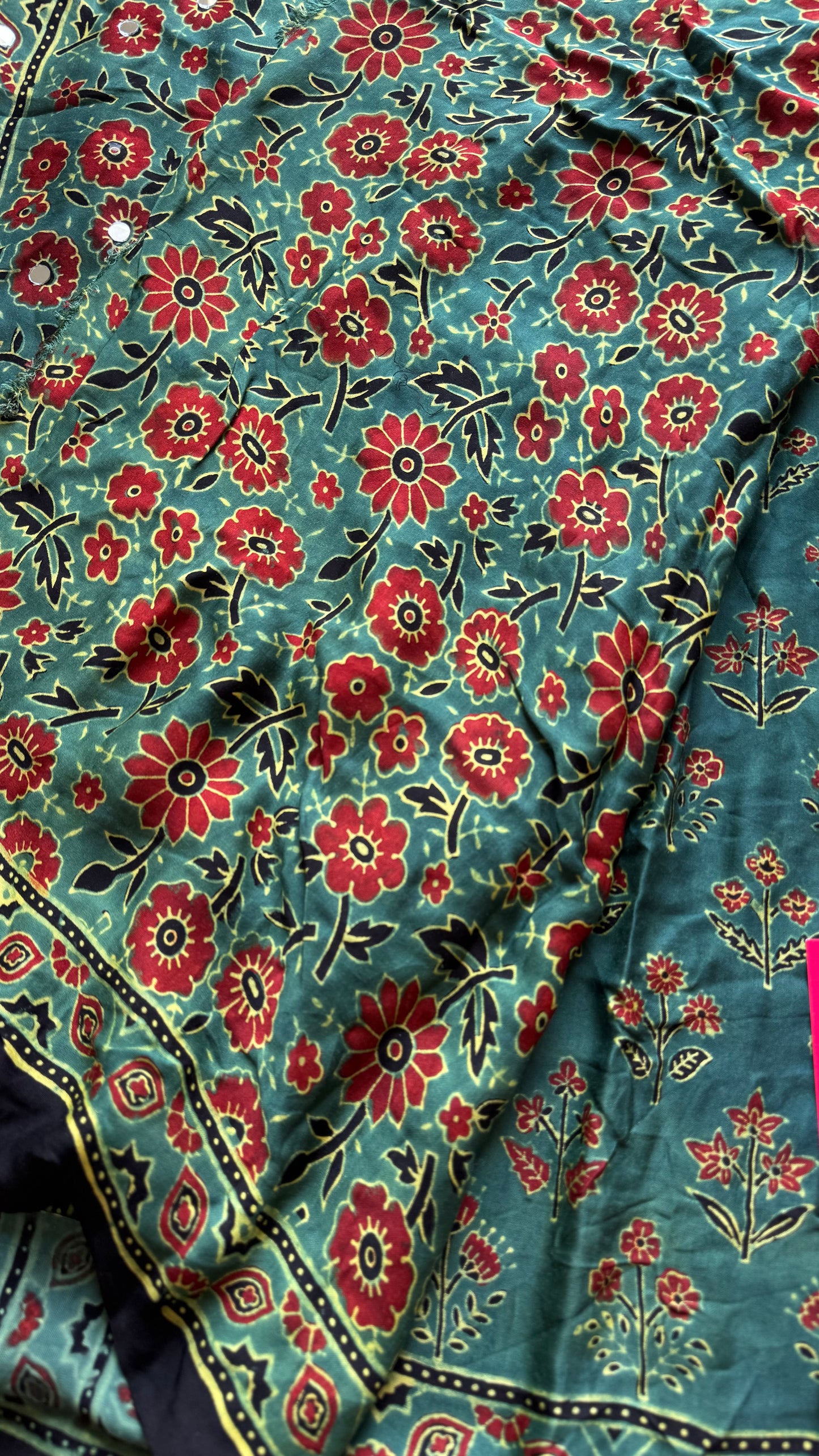 Jade green pure modal silk saree with ajrakh handblock print and mirror work - YCTOKAJM340