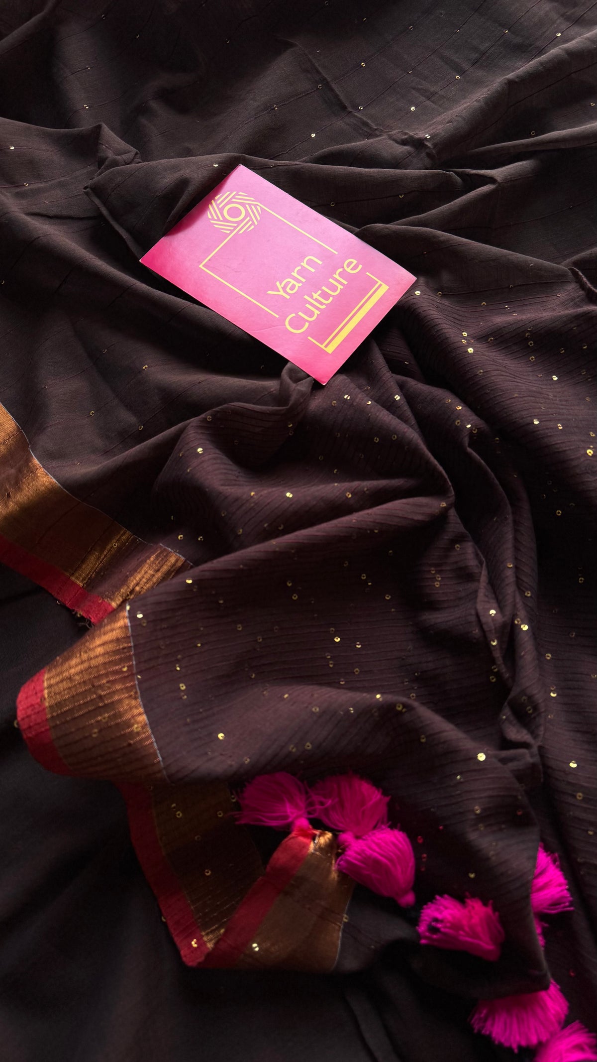 Brown mul cotton saree with sequins and zari border - YCBCMCSE33