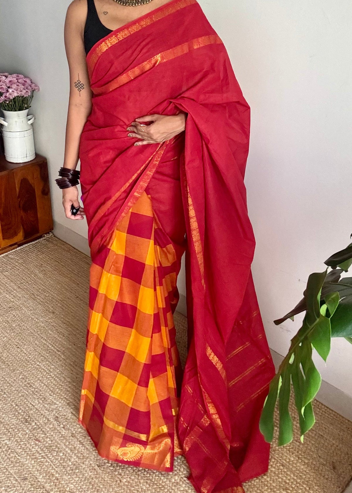 Chilli red with multicoloured checks, sungudi and chettinad cotton half and half saree - YCCOTNIDOC142