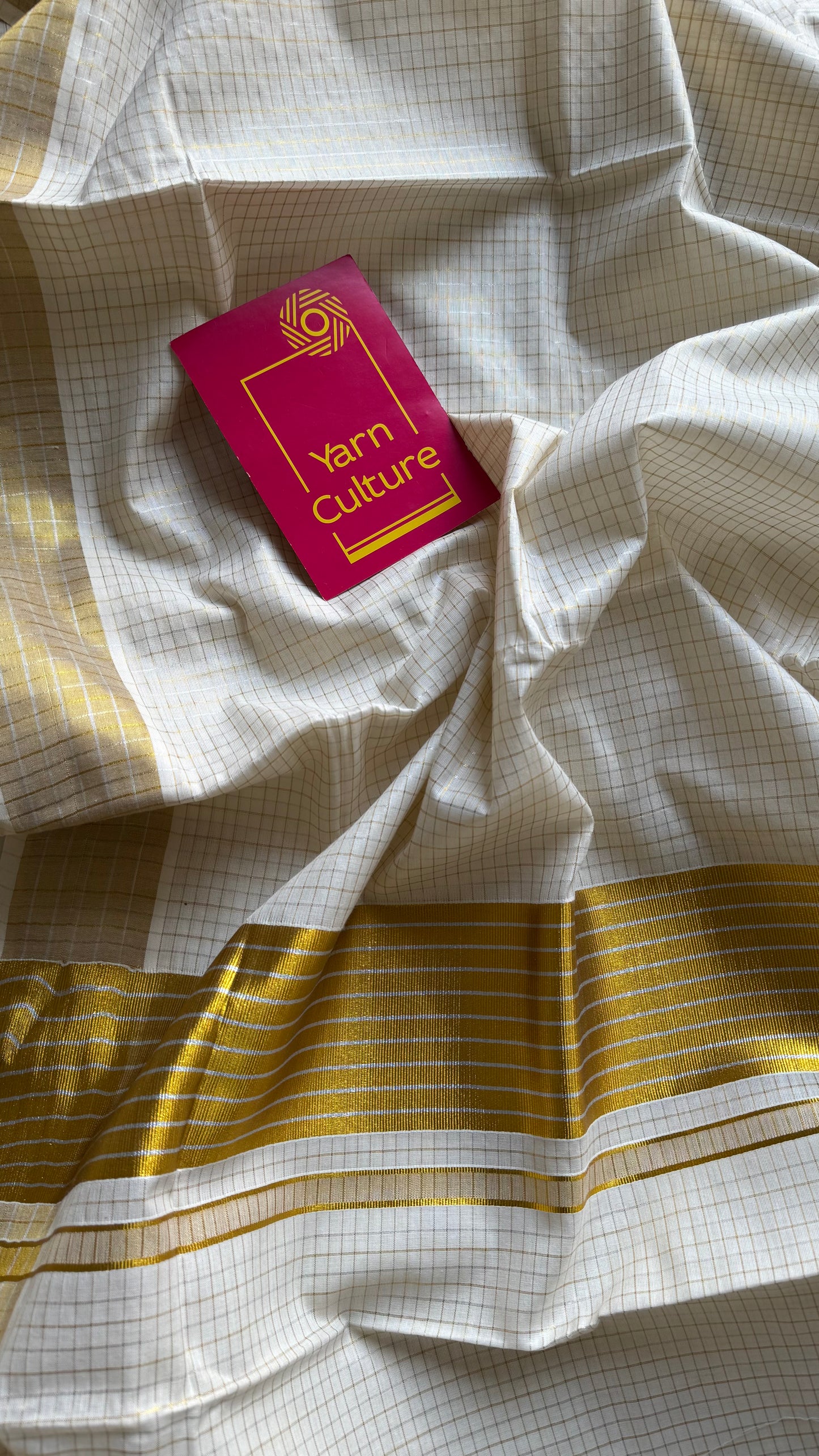 Ivory Kerala tissue cotton saree with silver and gold checks - YCIEKCFE308