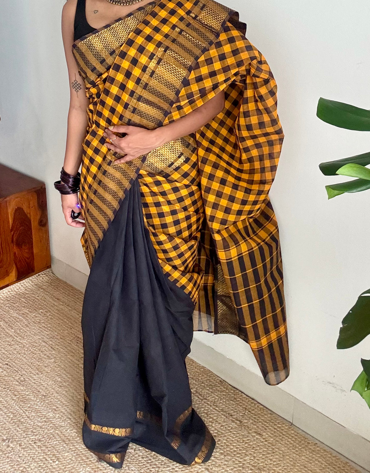 Yellow and black checks with black, sungudi and chettinad cotton half-half saree - YCCOTNIDOC29