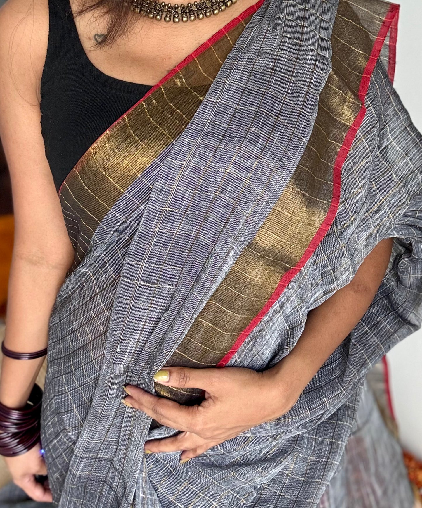 Grey linen by cotton saree, gold checks & gold zari pallu - YCBCLCFE388