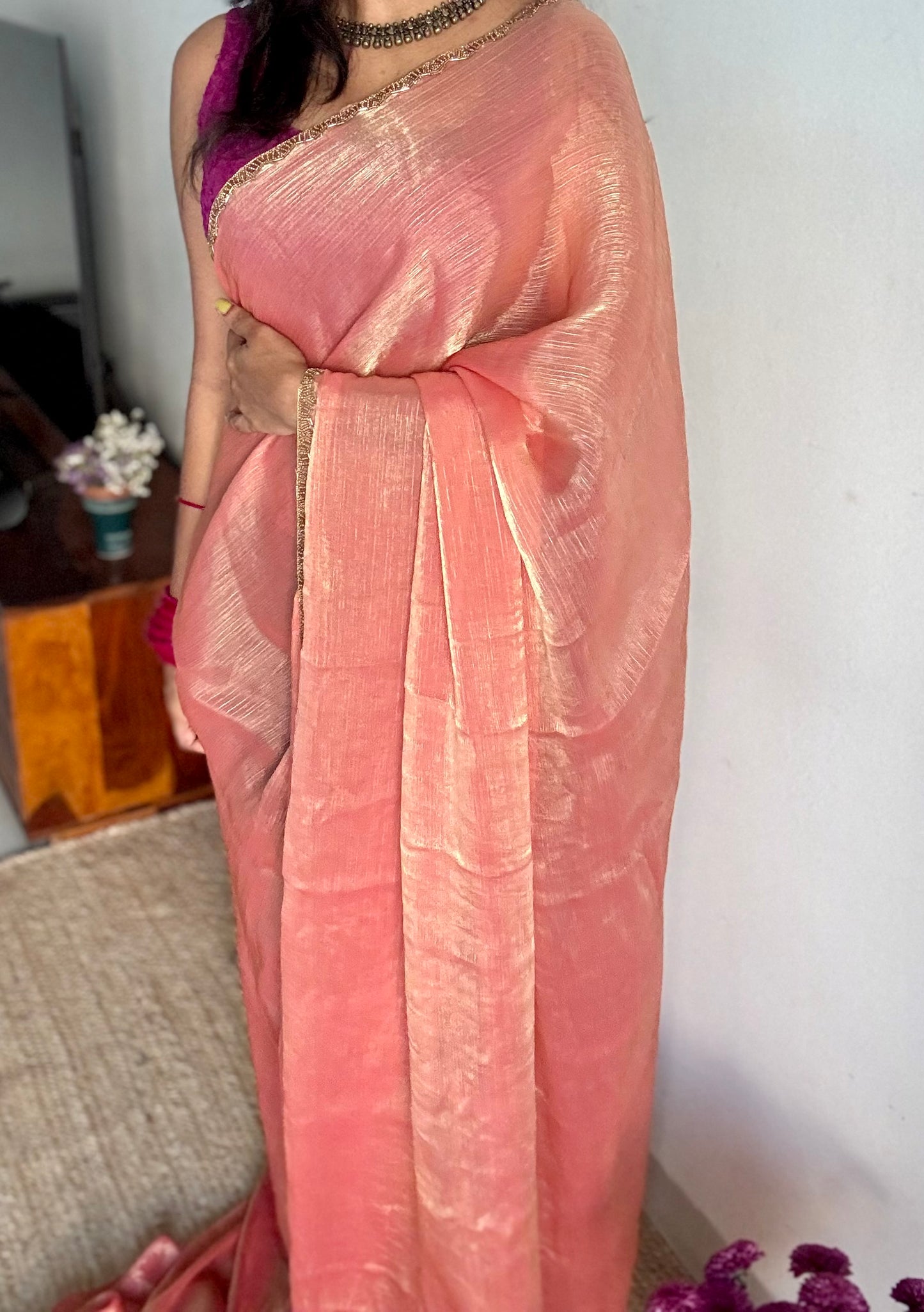 Peach Affair - peach pink hues, metallic dual tone space silk, embellished border - YCDOSDE60