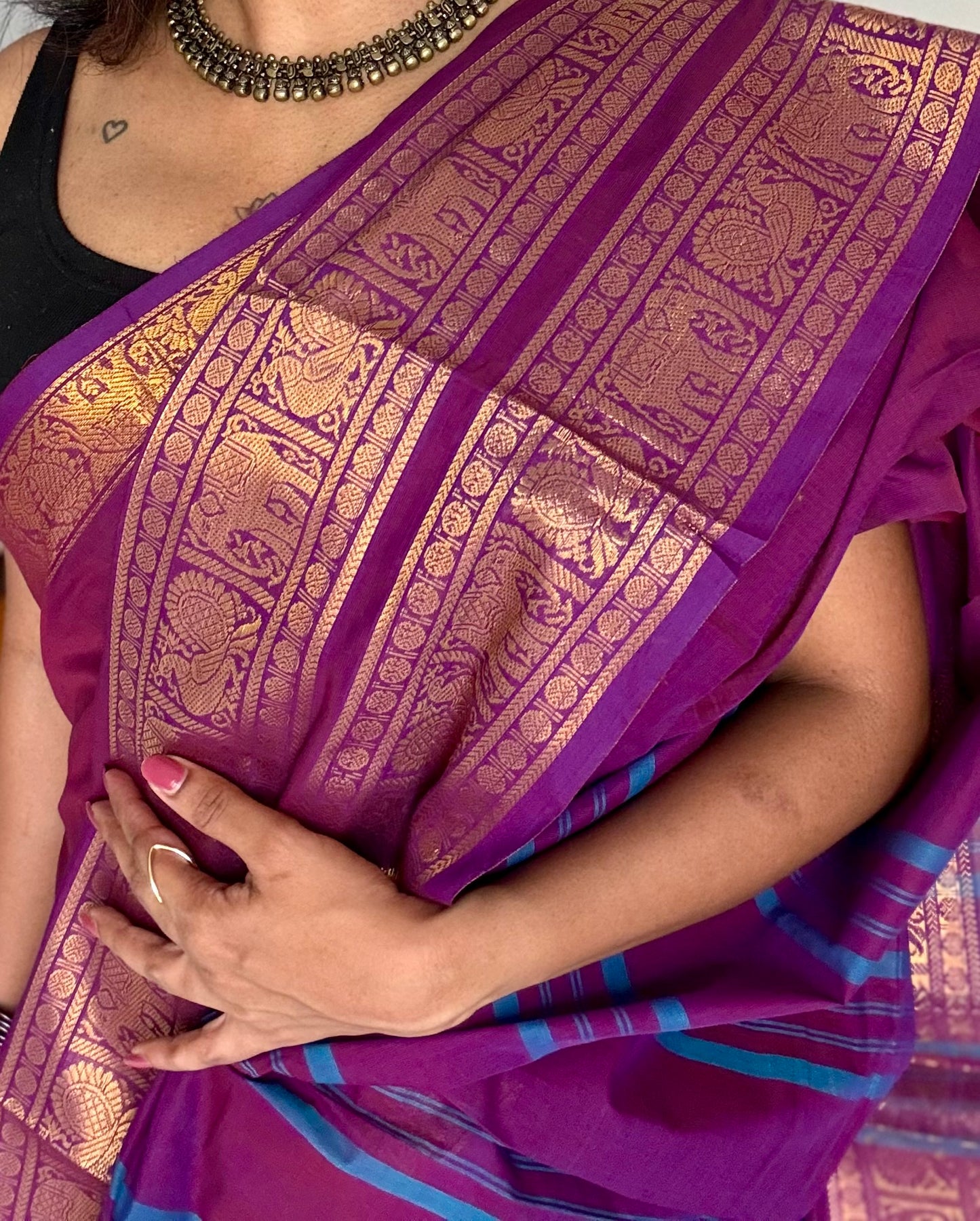 Kanchi cotton saree, purple pink with wide zari border - YCCOTNAP89