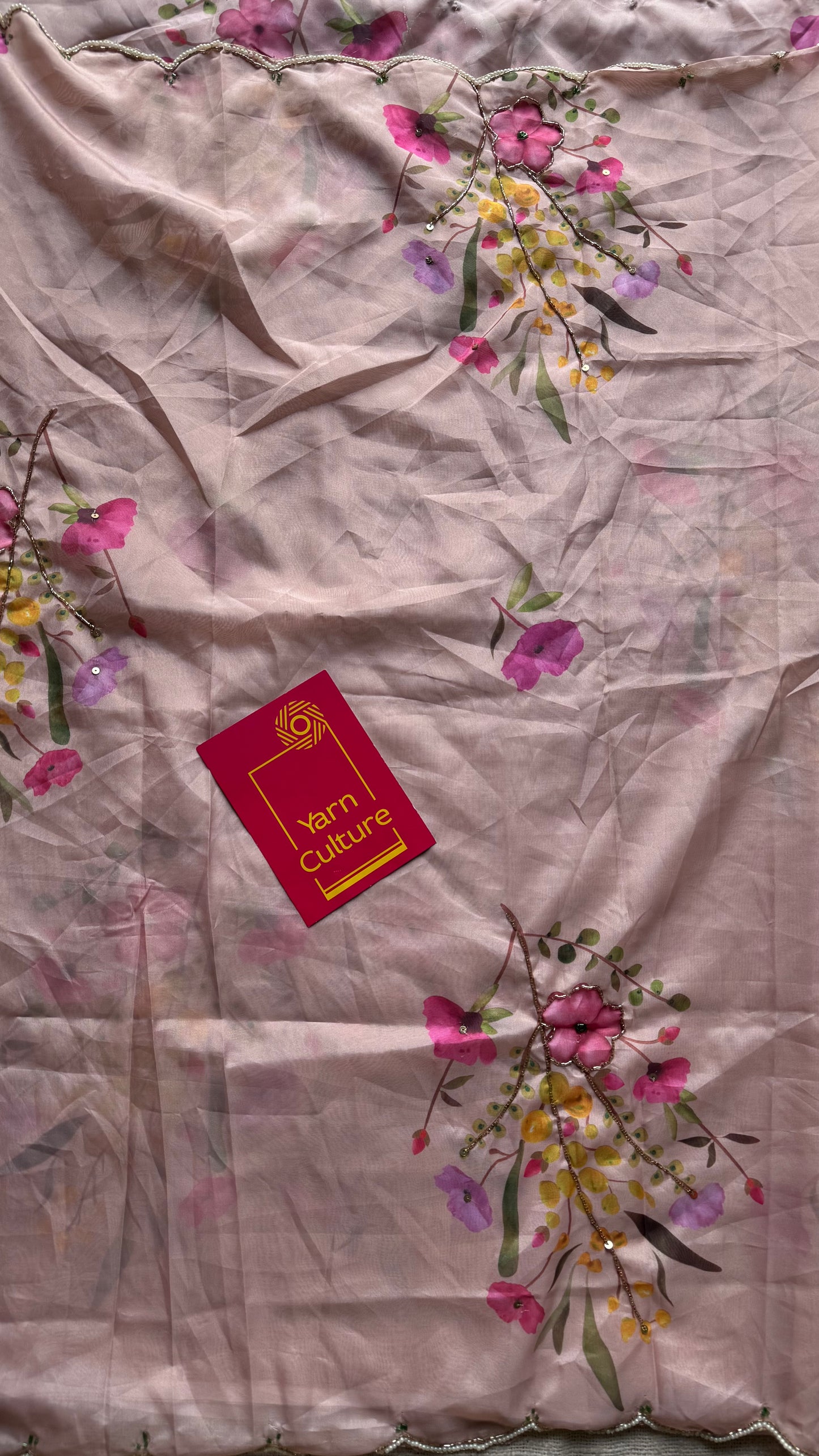 Peach Bloom - peach floral handworked sequins work, tabby silk - YCDOSNO49