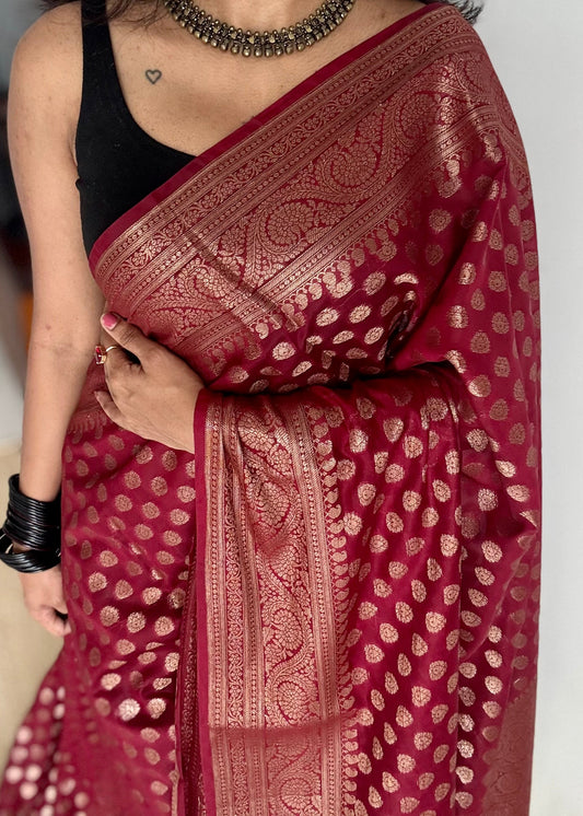 Ruby - Maroon with a slight hint of pink, antique gold zari, Banarasi semi georgette - YCBLFEGAGZ16