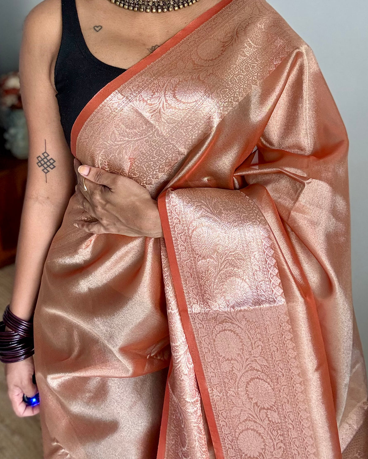 Orange tissue Banarasi saree with zari border - YCBLTOC87