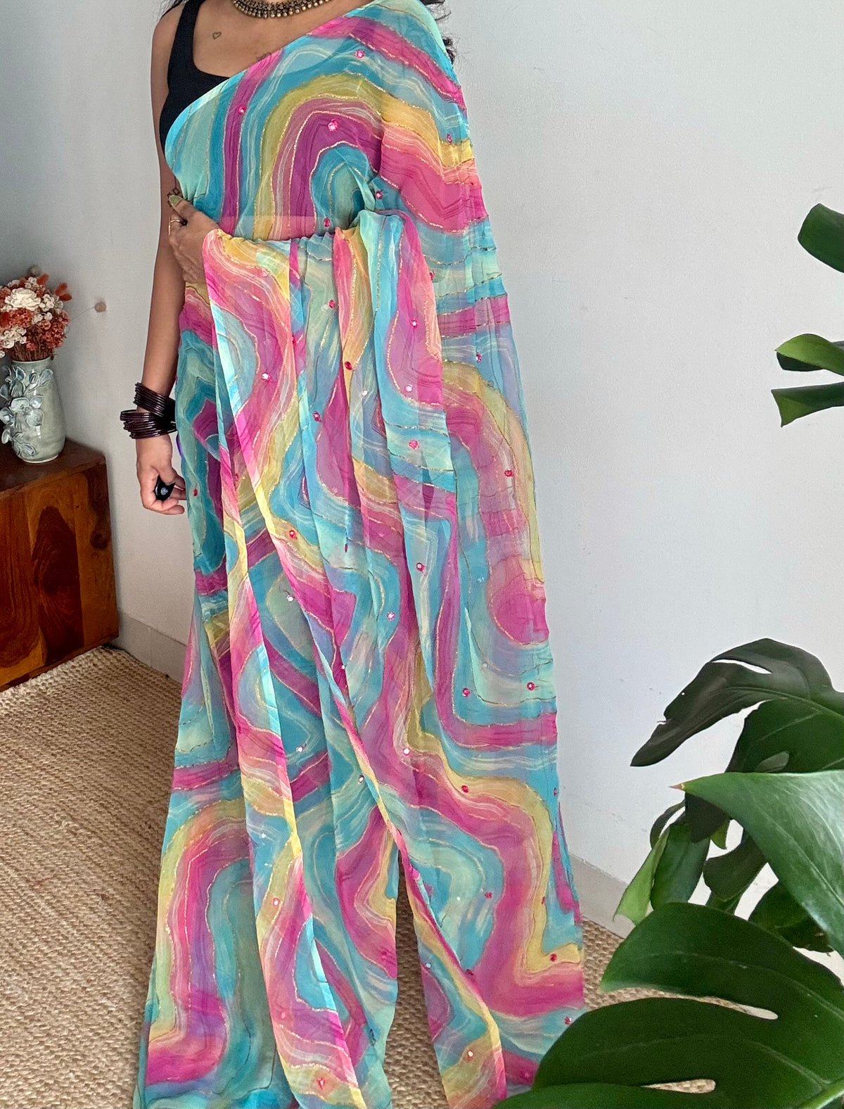Blue multicoloured leheriya chiffon saree with mirror work  - YCTORLOC94