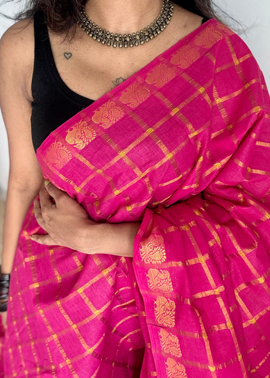 Hot pink pavithra kattam sungudi, madurai cotton - YCCOTNSEMS95