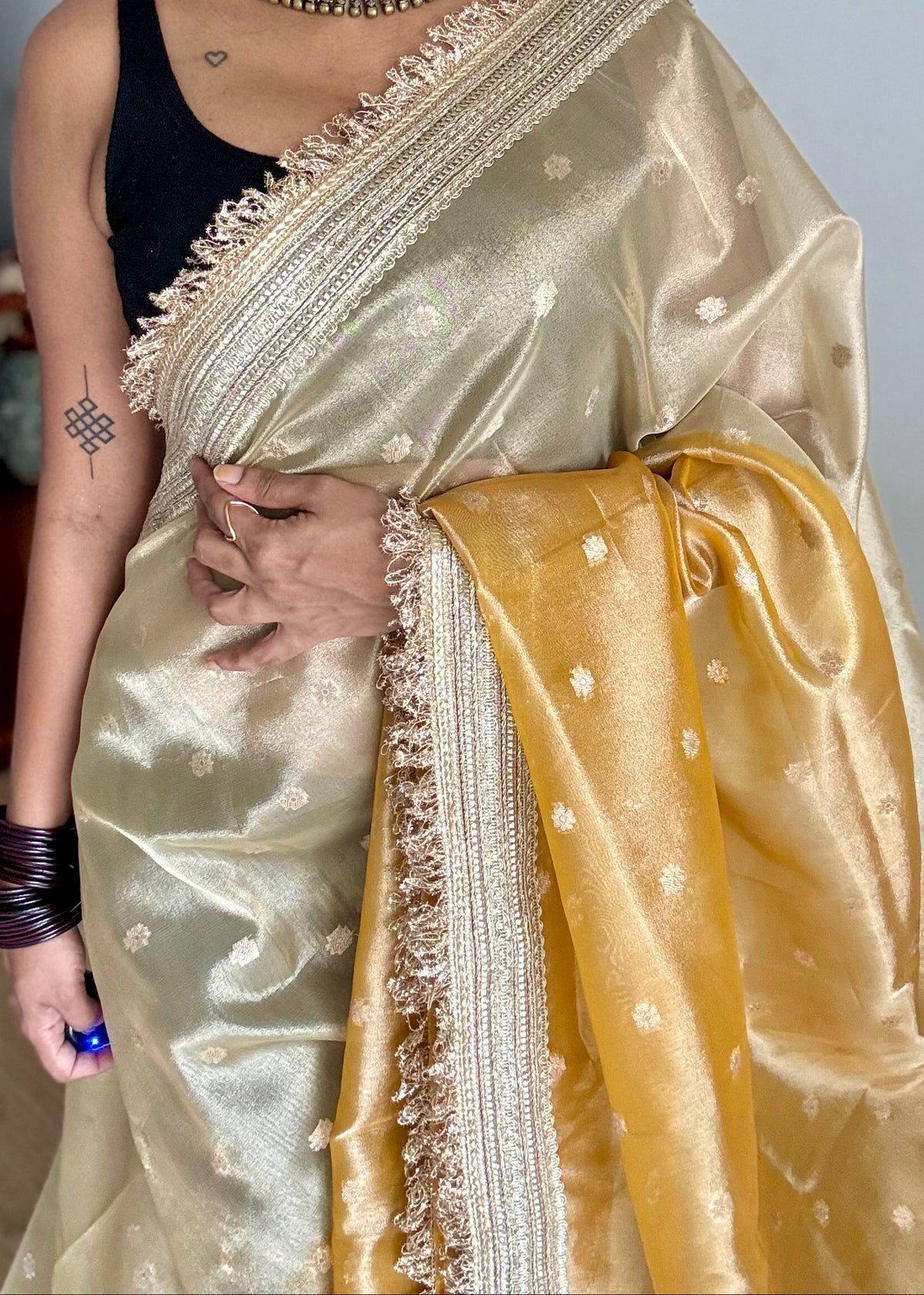 Light gold and dark gold Banarasi tissue saree, with buttas and embellished lace border - YCBLTOC65