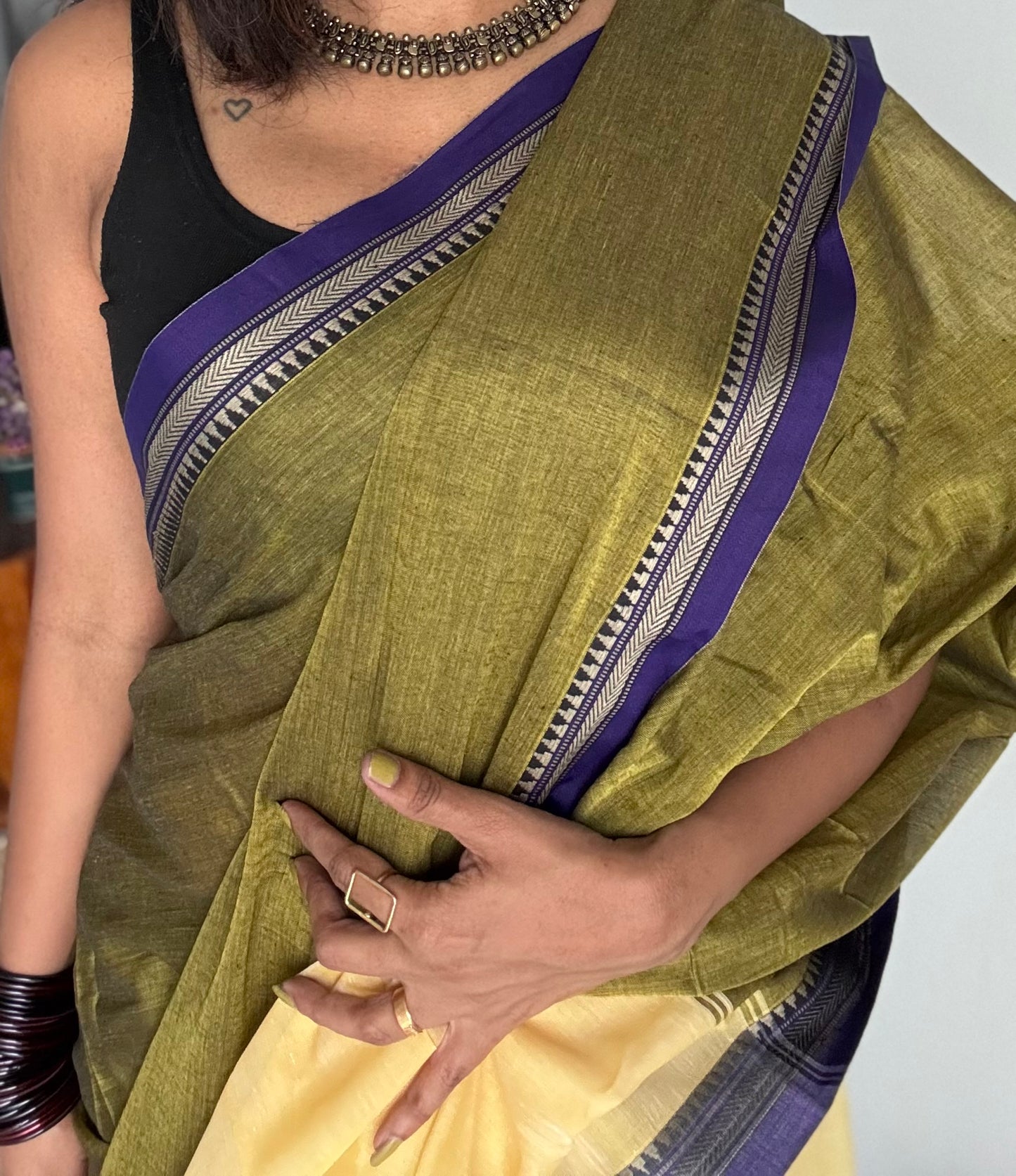 Lime green with purple border narayanpet saree, soft cotton - YCWOTDNPFE34