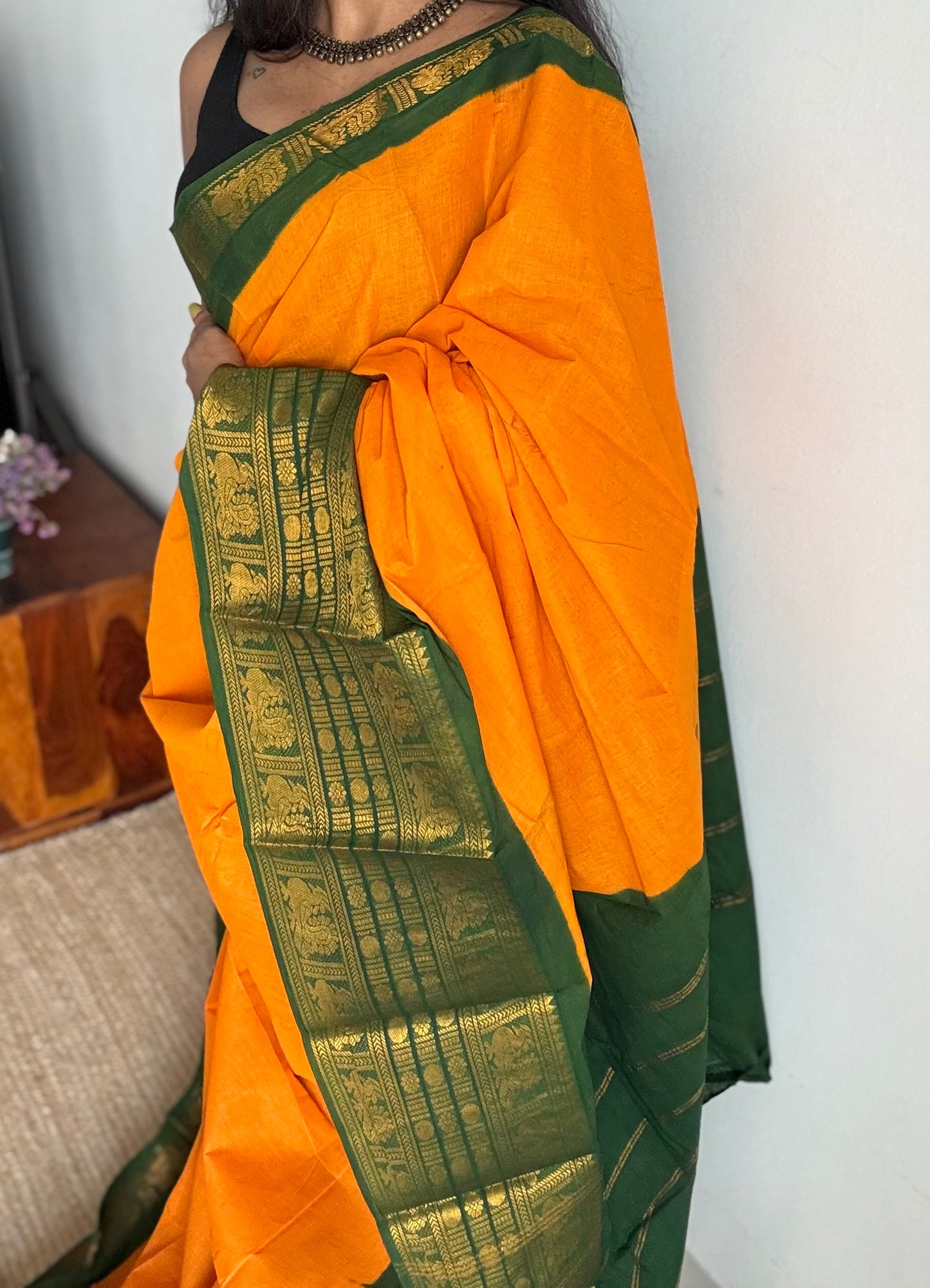 Mango yellow with green border, sungudi, madurai soft cotton - YCCOTNSUJA01