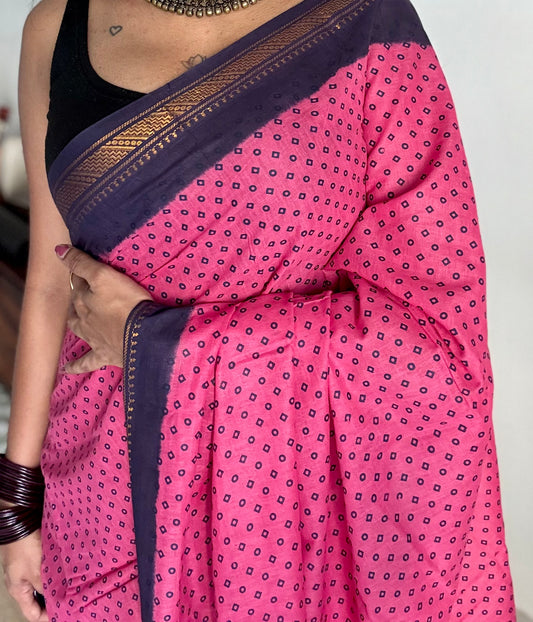 Rosy pink with navy blue contrast, kattuchayam dyed madurai cotton saree - YCCOTNMA248