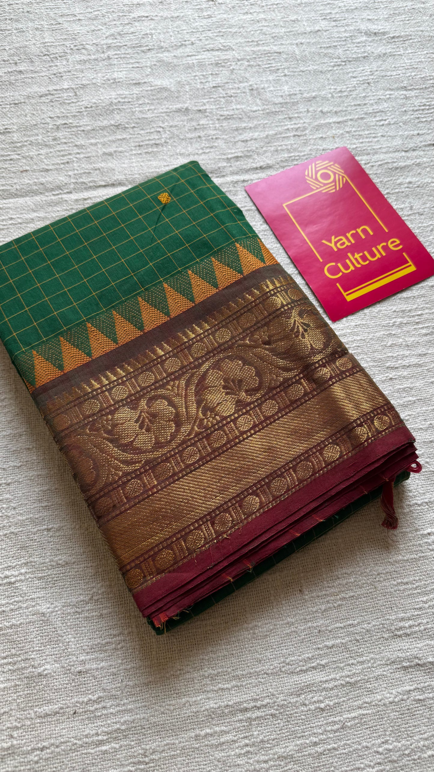 Kanchi cotton saree, green checks with maroon temple motif border - YCCOTNAP78