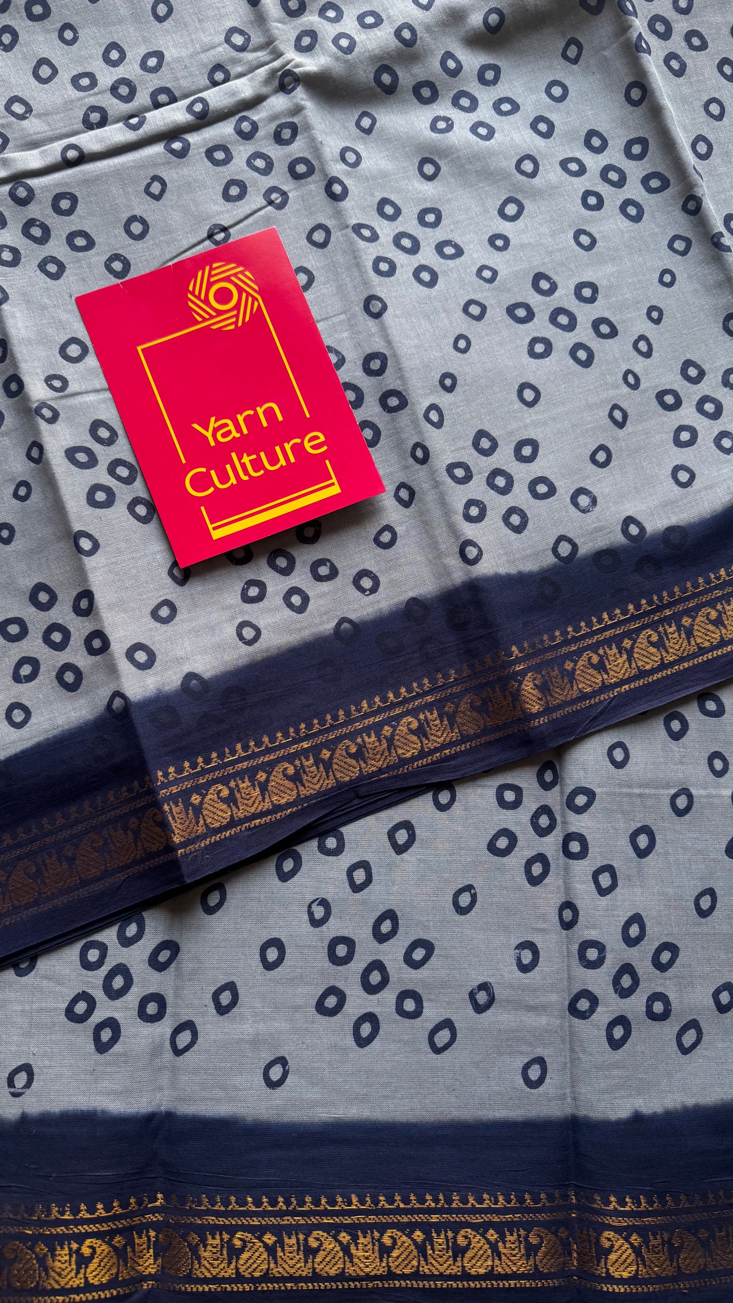 Cool grey with dark blue, motif printed, kattuchayam dyed madurai sungudi cotton saree - YCCOTNMSFE73