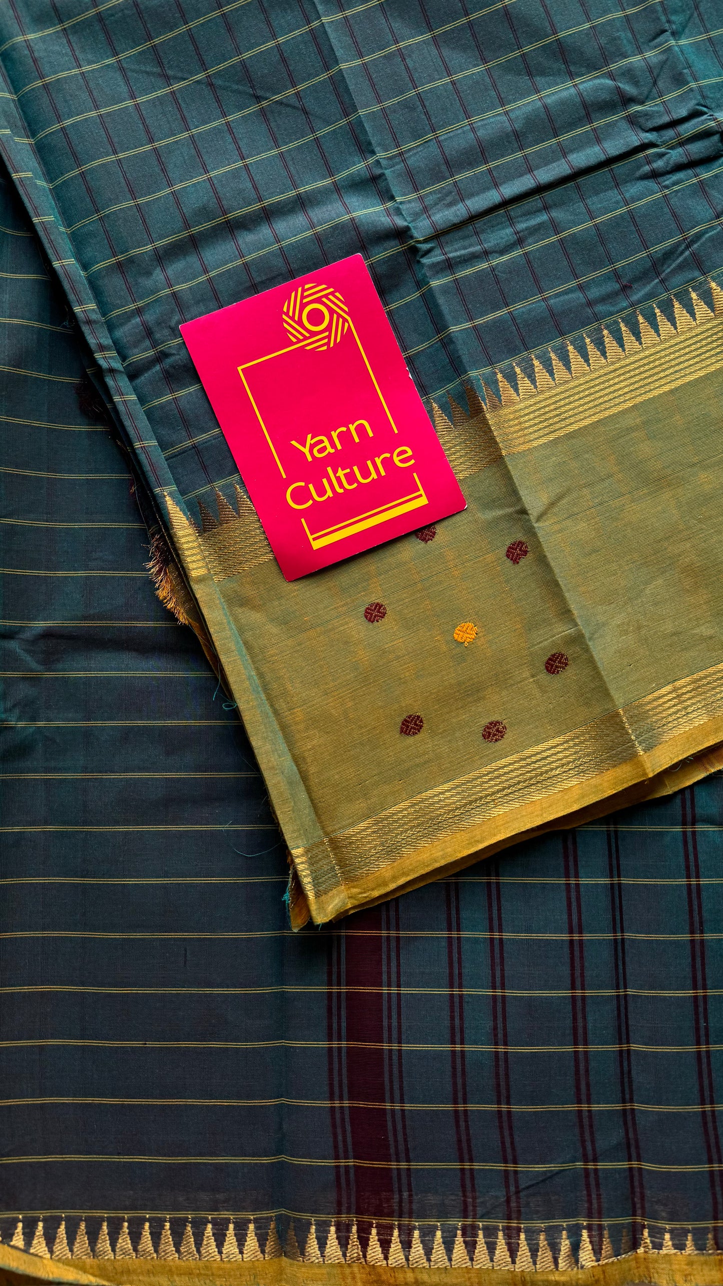 Dark teal and light green contrast, checkered Chettinad cotton saree - YCCOTNMA269