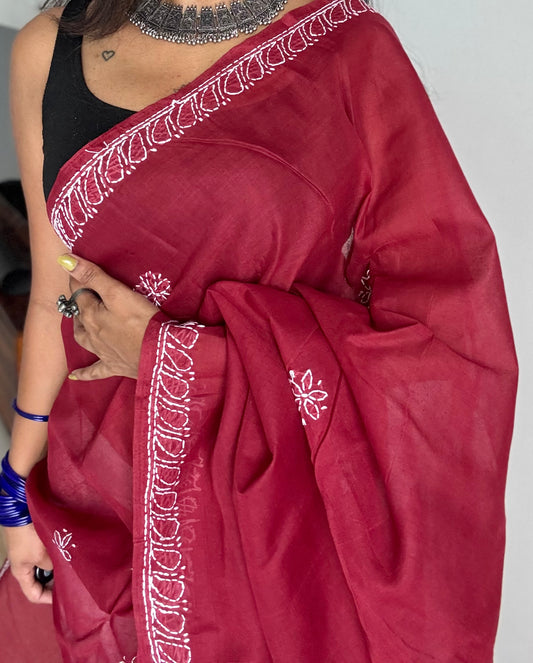 Zoya - maroon hand-embroidered chikankari cotton saree - YCLCKFE423