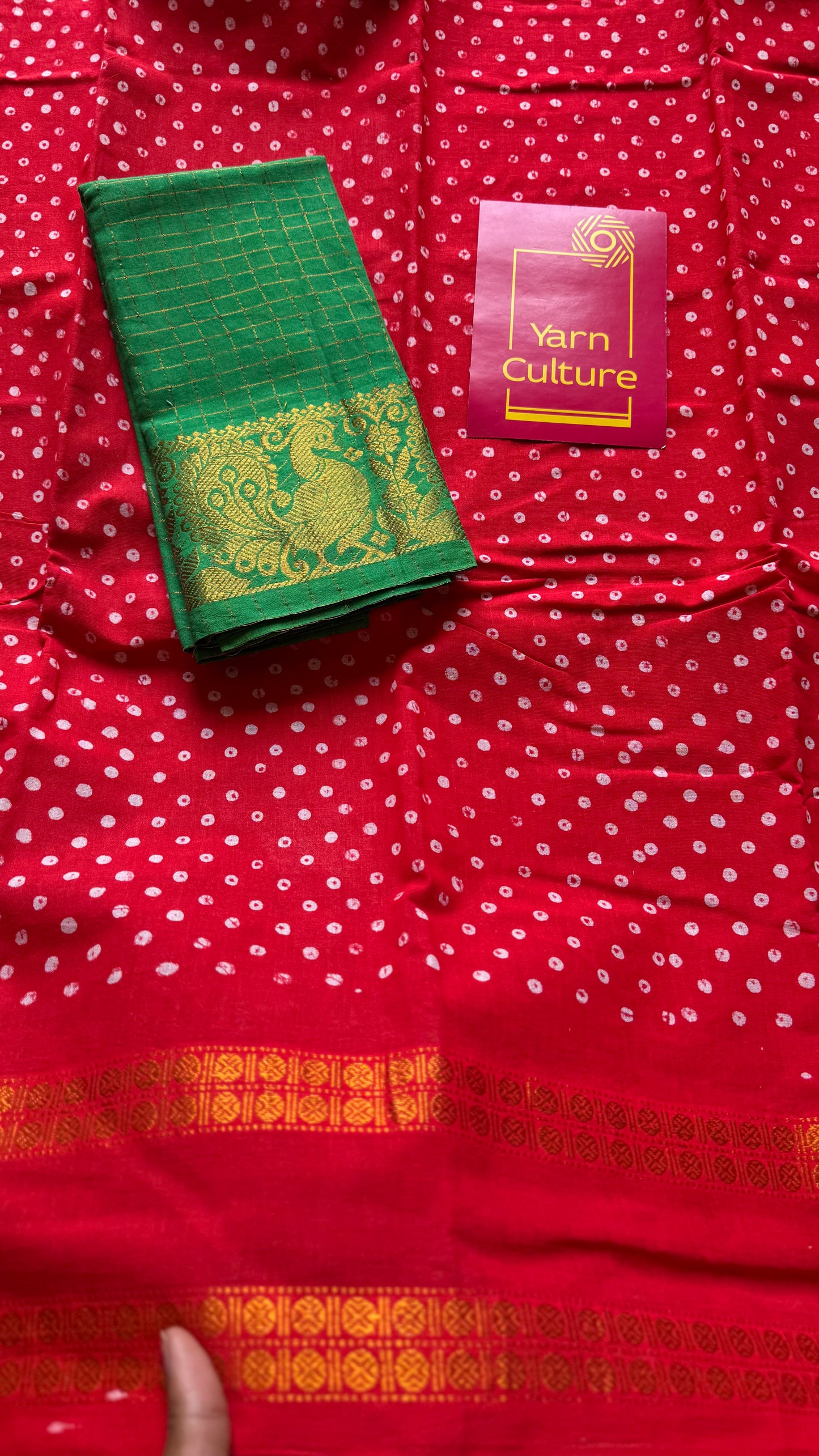 Chilli red, wax dot printed sungudi, kattuchayam dyed madurai cotton - YCCOTNMSAP155