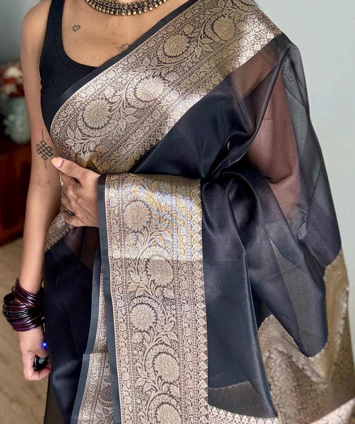 Black tissue Banarasi saree with zari border - YCBLTOC88