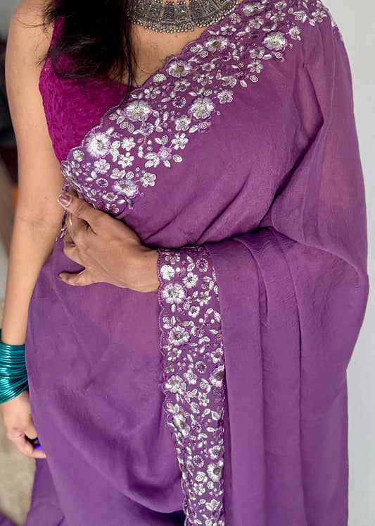 Purple Garden - dark purple with floral sequins embroidered borders, semi-crepe- YCDOSNO47