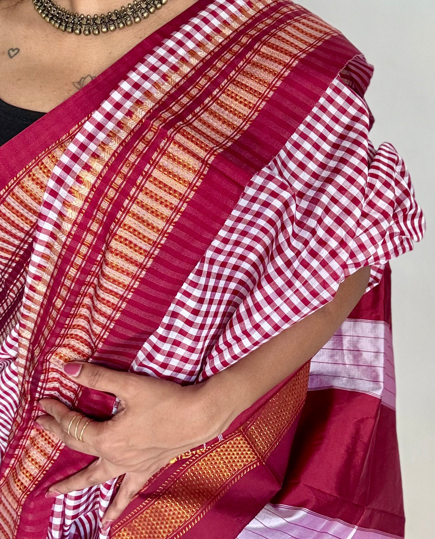 llkal maroon and white checks with chikki paras border, soft cotton with art silk blend - YCLOKICAP230