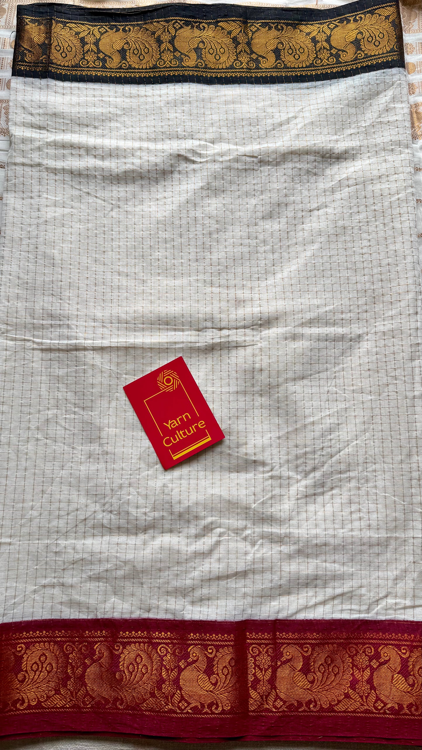 Ayesha : Chembarathi - Sungudi checks, ivory gold base, black and maroon dual tone border, soft cotton - YCIEON162