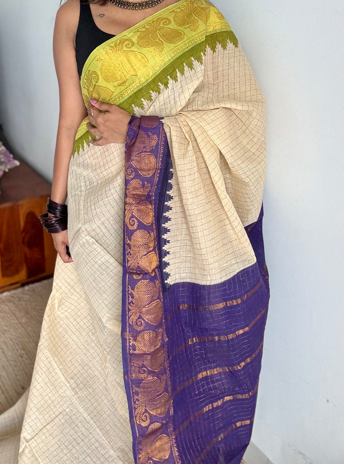 Sungudi cotton checks, ivory gold base, purple and neon green dual tone border, soft cotton - YCCOTNGJJA178