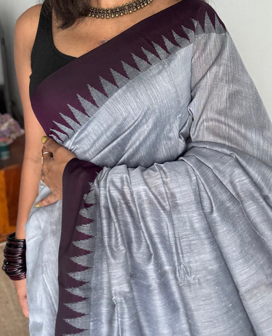 Grey with wine contrast, temple border saree, cotton silk - YCCOTNTBFE59