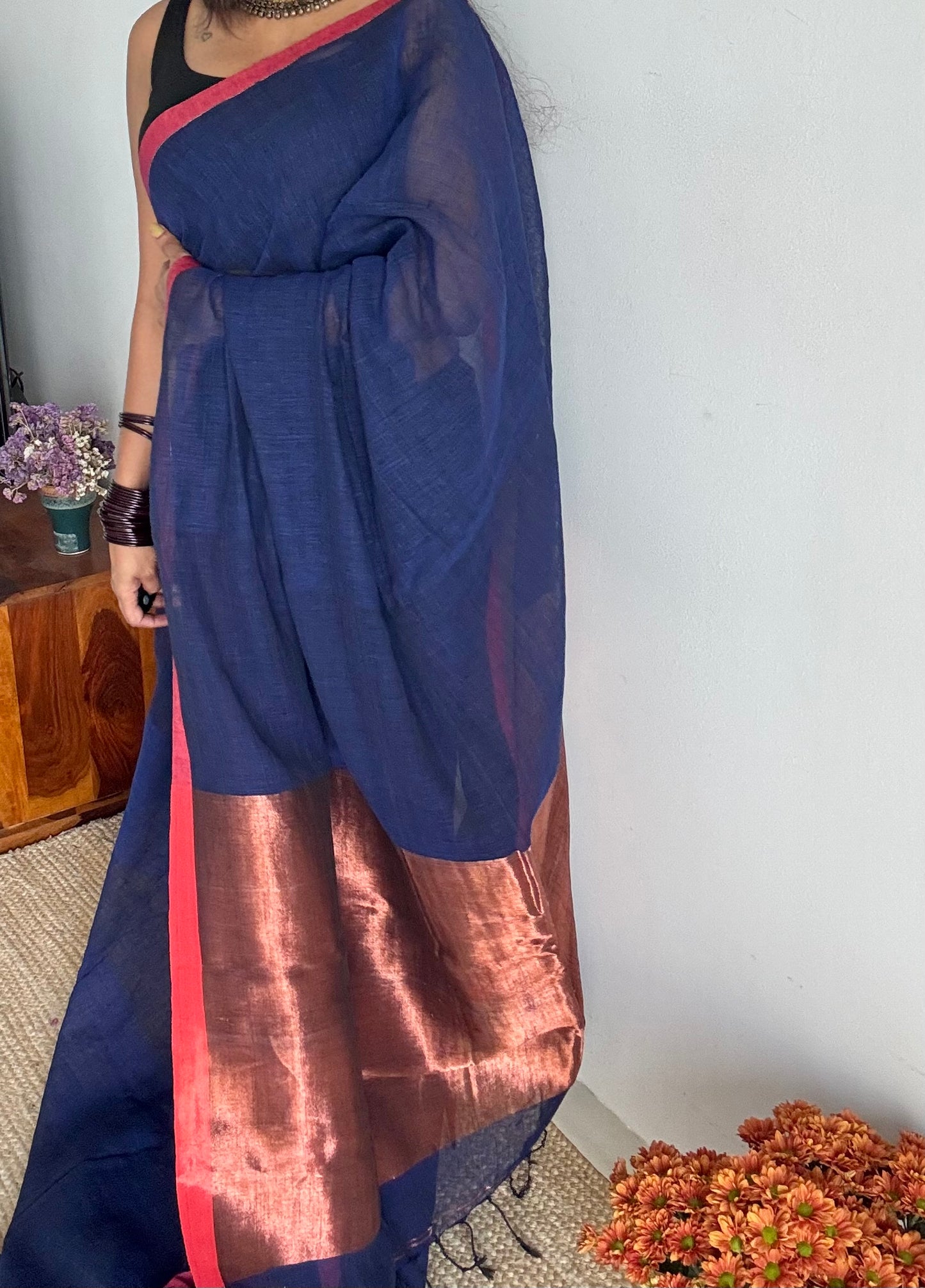 Dark blue plain linen by cotton saree with copper zari pallu - YCBCLCFE395
