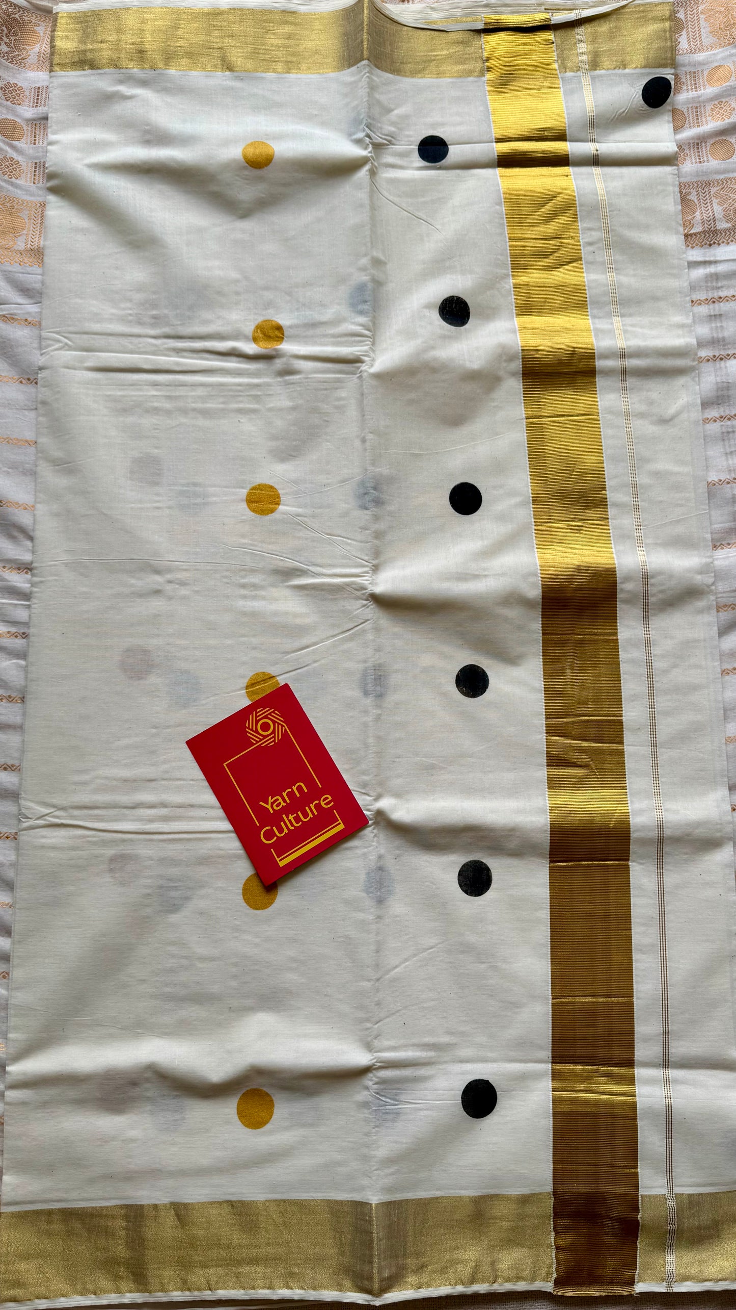 Ivory and gold soft cotton kasavu saree, black and yellow polka - YCIEON72